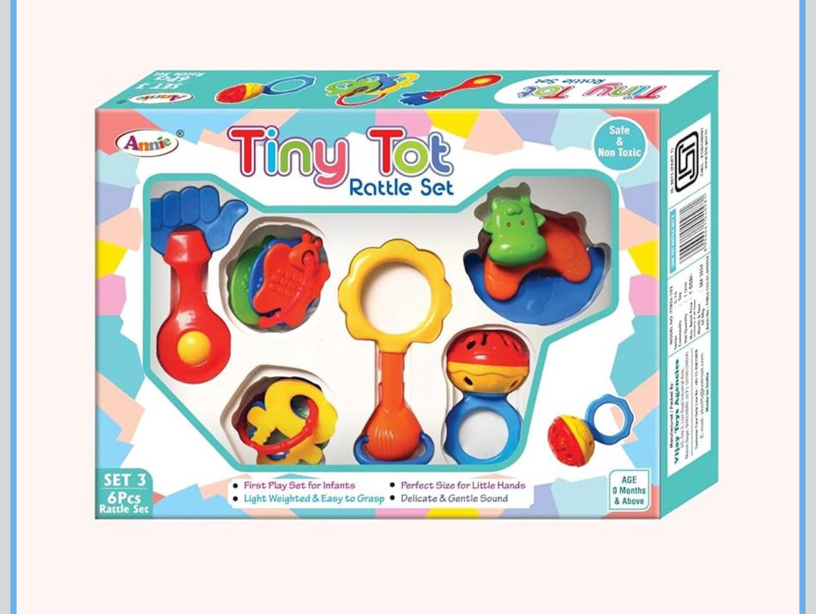 Tot Baby Rattle Set, 6 Pieces, Safe Non-Toxic, First Play Set for Infants 0+ Months, Light Weight with Gentle Sound