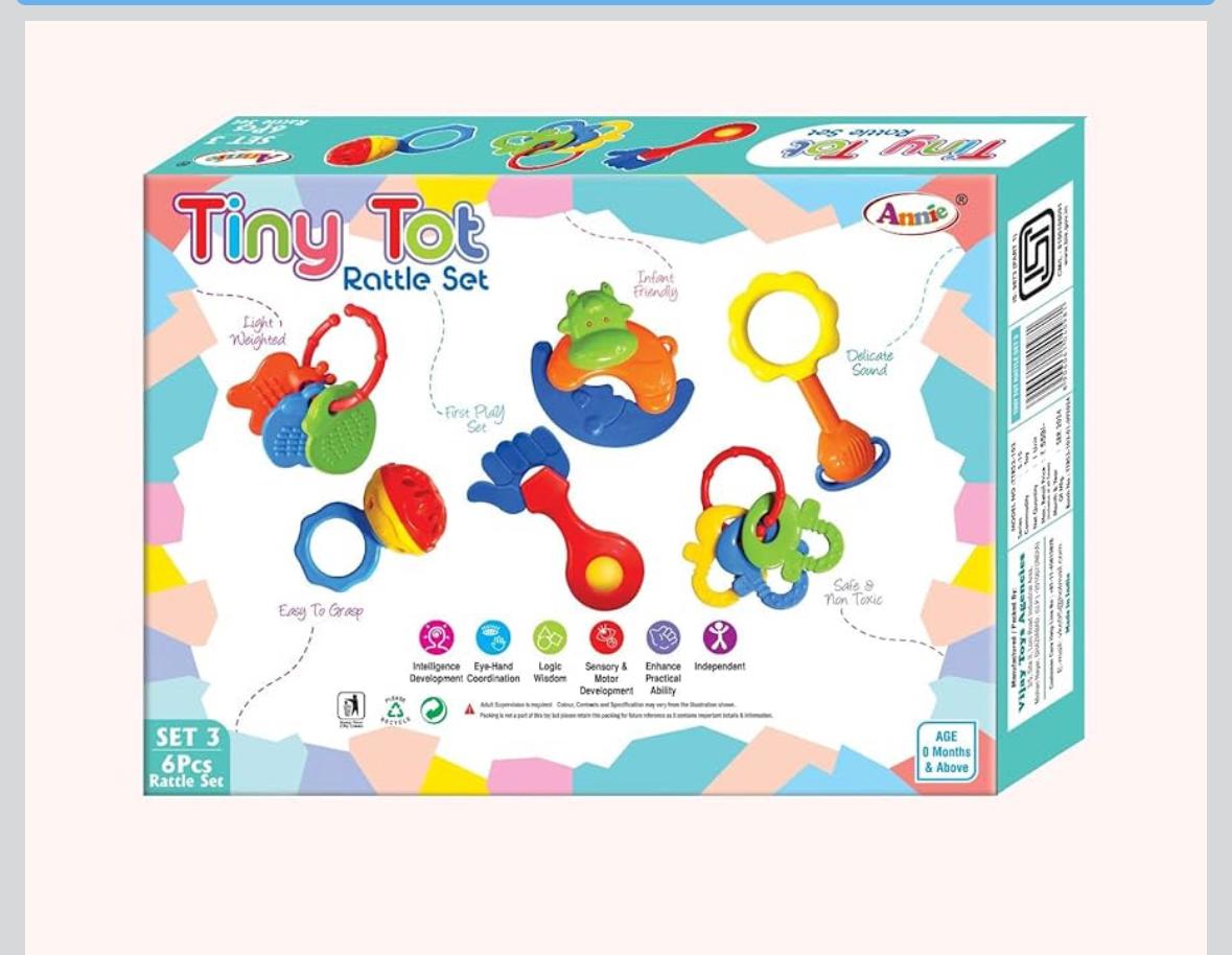 Tot Baby Rattle Set, 6 Pieces, Safe Non-Toxic, First Play Set for Infants 0+ Months, Light Weight with Gentle Sound - Image 2